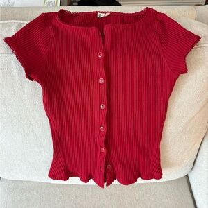 Free People Intimately Red Ribbed Button-Down Shirt